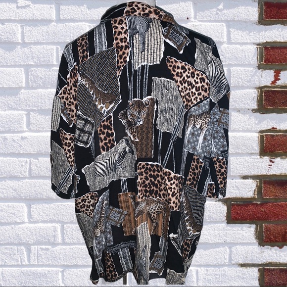 Michelle Leslie Black Brown Animal Tiger Zebra Print Button Down Top - Picture 2 of 10